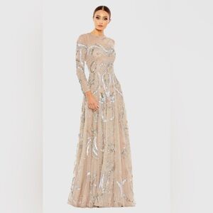 Mac Duggal Long Sleeve Sequin Dress in Nude and Silver